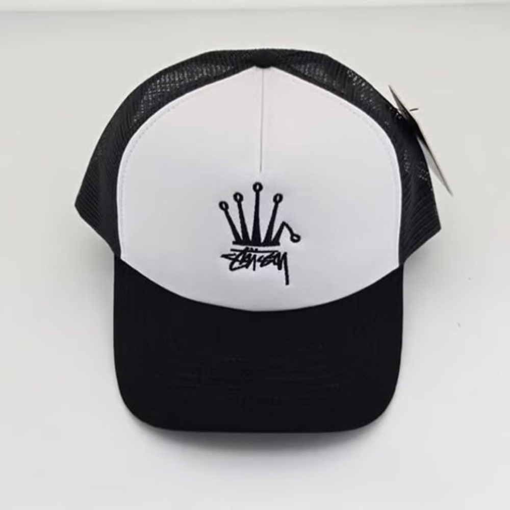 Stussy Black and White Trucker Hat with Crown Logo